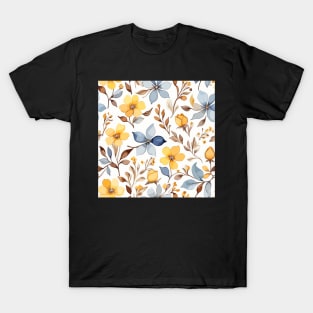 Yellow Blue Brown Floral Pattern on White T-Shirt